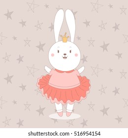 Card with cute princess rabbit and seamless pattern with stars