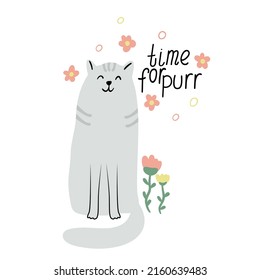 Tarjeta con un lindo gato de purring y flores. Ilustración de vector plano dibujada a mano y letras. Es hora de una cita de purr.