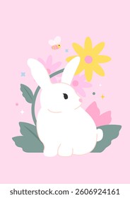 Card with cute rabbit, flowers and bee on a pink background. Vector illustration.