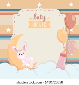 card of cute rabbit with moon and feeding bottle