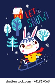 Tarjeta con un conejo lindo sobre un fondo oscuro. ¡Que nieve! Ilustración vectorial infantil.