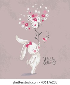  card with Cute Rabbit/bunny with a bouquet of flowers/hand drawn vector illustration//can be used for kid's or baby's shirt design/fashion print design/fashion graphic/t-shirt/kids wear/tee