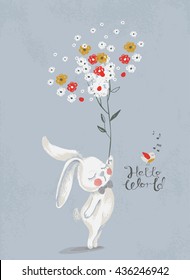  card with Cute Rabbit/bunny with a bouquet of flowers/hand drawn vector illustration//can be used for kid's or baby's shirt design/fashion print design/fashion graphic/t-shirt/kids wear/tee