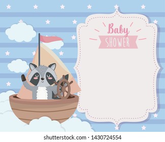 card of cute raccoon in the ship and clouds