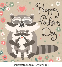 Card with cute raccoons to Fathers Day.