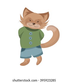 card with cute red cat in a green sweater