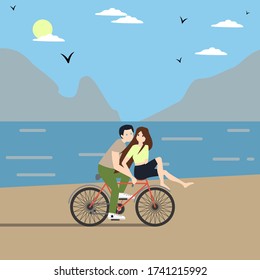A card with cute romantic couple on date riding bicycle. A postcard with young man and woman in love. Flat cartoon colorful vector illustration.