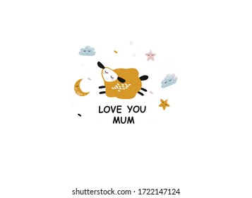 card with cute sheep, clouds, stars and an inscription. greeting card for baby