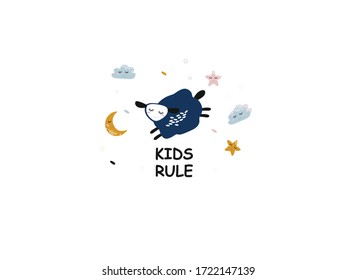 card with cute sheep, clouds, stars and an inscription. greeting card for baby
