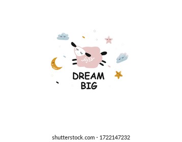 tarjeta con lindas ovejas, nubes, estrellas y una inscripción. tarjeta de saludo para el bebé