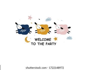 card with cute sheep, clouds, stars and an inscription. greeting card for baby
