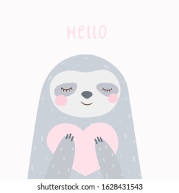 Card with cute sloth. Vector illustration with animal