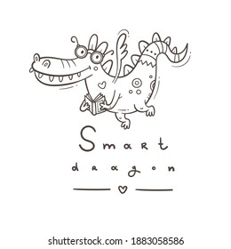Tarjeta con un lindo dragón inteligente. Graciosa huella de cocodrilo. Leyendo afiche del reptil. Dibujo de la línea de doodle vectorial. Ilustración para niños. Libros y estudios.