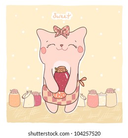Card with cute smiling kitty and sweet jam.
