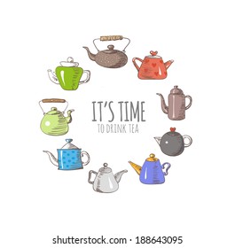 Card with cute teapots. Vector illustration.