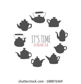 Card with cute teapots. Vector illustration.
