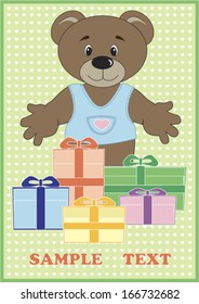 Card with a cute teddy bear and gifts