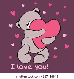 Card with cute teddy bear hugging a heart.