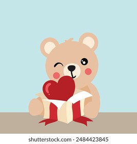 Tarjeta con lindo osito de peluche que abre la caja del corazón de la sorpresa
