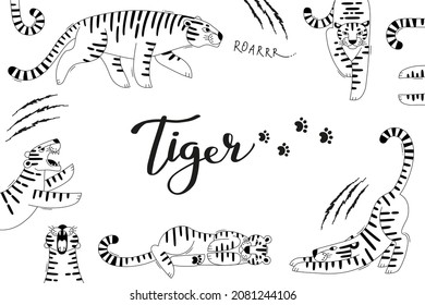 Card with cute tigers, paw prints and scratches. Tiger is the Zodiac Symbol of the 2022 New Year.