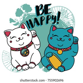 card with cute traditional japanese symbol of luky - maneki neko, cats with a raised paw, can be used as greeting card for birthday o asian holidays, vector illustration in cartoon style