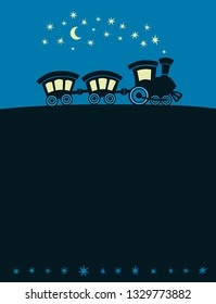 Card with the cute train. The engine goes through starlit night. For your text. Vector cartoon illustration.