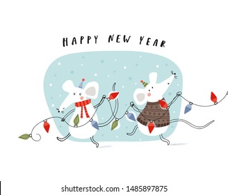 Card with cute two little mice and flashlights: Happy New Year. Vector illustration in red and blue for Christmas posters, cards, gift tags.  