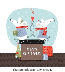 Card with cute two little mice on the chimney: Merry Christmas. Vector illustration in red and blue for Christmas posters, cards, gift tags.  