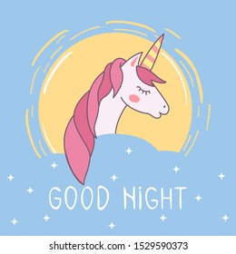Card with cute unicorn in clouds. Print with lettering - Good night.