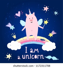 Card with cute unicorn pig with wings standing  on rainbow