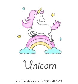 Card with a cute unicorn rainbow in the clouds on white background. Vector illustration.