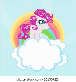 Card with a cute unicorn rainbow in the clouds. 