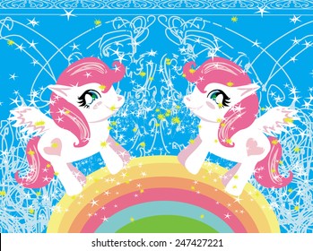 Card with a cute unicorns and rainbow 