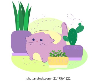 Card with cute violet cat. Vector