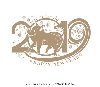 Card with cute walking pig on the background of 2019 and snowflakes. Vector pattern isolated on white. New Year's design 2019. Happy New Year!