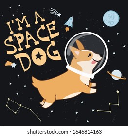 Card with cute Welsh Corgi dog in space