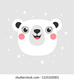 Card with cute white polar bear on grey background.