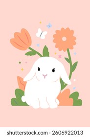 Card with cute white rabbit, flowers and butterfly on a orange background. Vector illustration.
