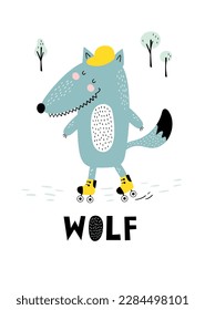 Card  with cute wolf. Kids print. Vector illustration