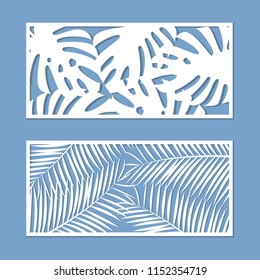 Card for cutting set. Template with palm leaves pattern for laser cut. Vector illustration.