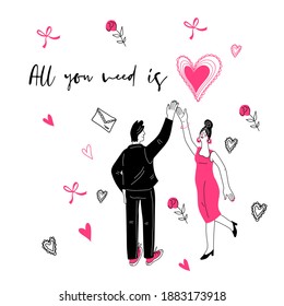 Card with dancing couple in love relationships. Romantic design for Valentines day cards and posters, cartoon doodle style vector illustration on white background.