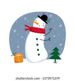 Card with dancing snowman, Christmas tree and sled: Happy New Year. Vector illustration in red and blue for Christmas posters, cards, gift tags.  