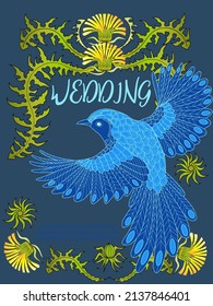 Card with dandelions and bird. Spring ornament concept. Floral poster, invite. Vector layout decorative greeting card or invitation design background. Romantic design.