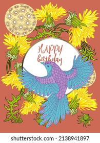 Card with dandelions and bird. Spring ornament concept. Floral poster, invite. Vector layout decorative greeting card or invitation design background. Romantic design.