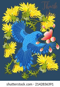 Card with dandelions and bird. Spring ornament concept. Floral poster, invite. Vector layout decorative greeting card or invitation design background. Romantic design.
