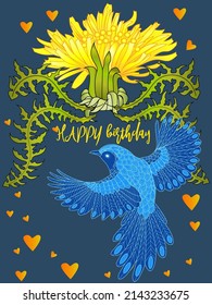 Card with dandelions and bird. Spring ornament concept. Floral poster, invite. Vector layout decorative greeting card or invitation design background. Romantic design.
