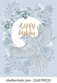 Card with dandelions and bird. Spring ornament concept. Floral poster, invite. Vector layout decorative greeting card or invitation design background. Romantic design.
