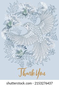 Card with dandelions and bird. Spring ornament concept. Floral poster, invite. Vector layout decorative greeting card or invitation design background. Romantic design.
