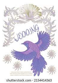 Card with dandelions and bird. Spring ornament concept. Floral poster, invite. Vector layout decorative greeting card or invitation design background. Romantic design.