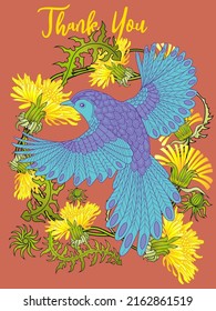 Card with dandelions and bird. Spring ornament concept. Floral poster, invite. Vector layout decorative greeting card or invitation design background. Romantic design.

